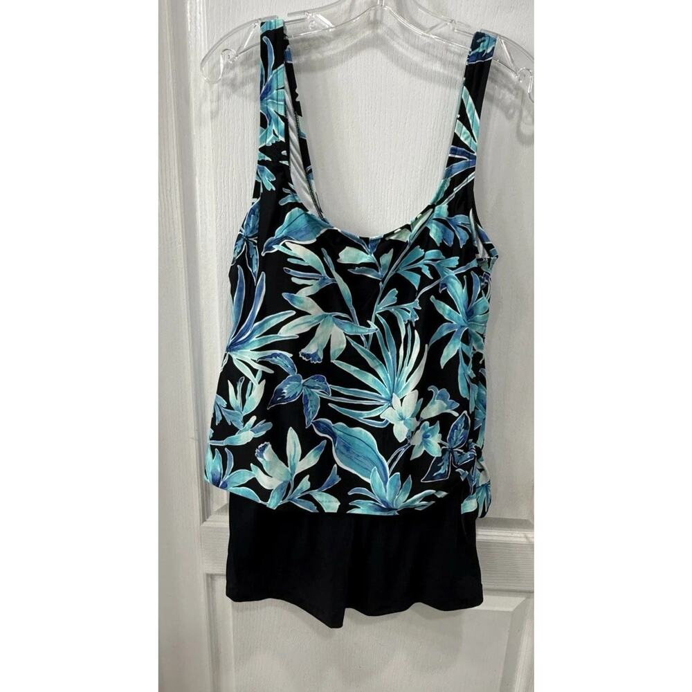 Maxine of Hollywood Women’s Swim Dress 18 Blue Tropical Slimming Side Tie
